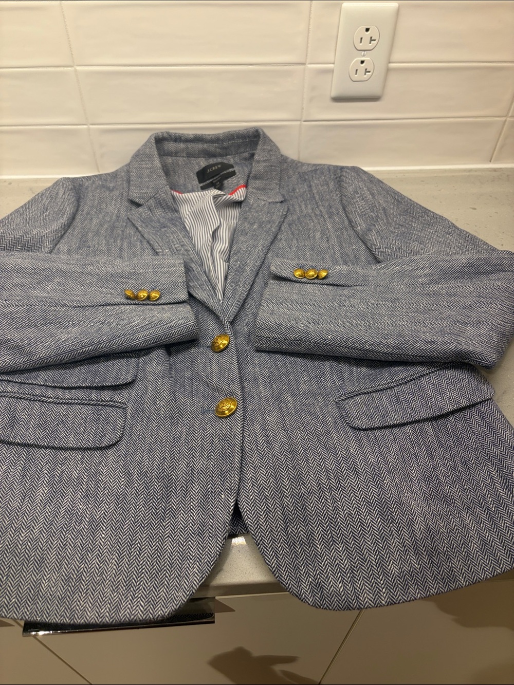 J. Crew Blue Herringbone Women's Blazer with two Gold Buttons - Picture 7 of 10